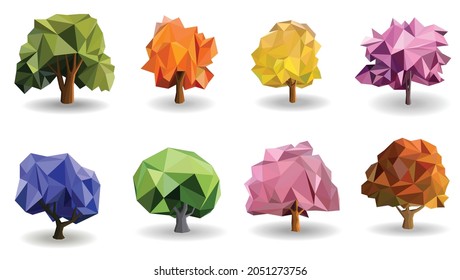 Tree icons polygon colorful vector isolated set, green , orange, yellow, pink and blue leaves , nature icons art concept, origami, geometric and triangle design. vector art and illustration.