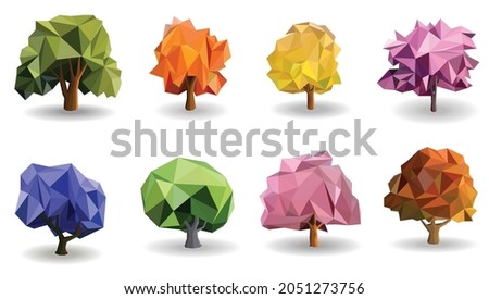 Tree icons polygon colorful vector isolated set, green , orange, yellow, pink and blue leaves , nature icons art concept, origami, geometric and triangle design. vector art and illustration.
