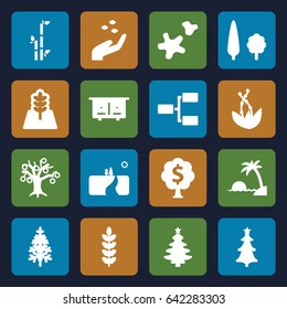 Tree icons set. set of 16 tree filled icons such as beehouse, hand with seeds, bamboo, structure, cookie, island, landscape