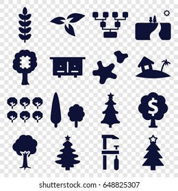 Tree icons set. set of 16 tree filled icons such as plant, beehouse, chainsaw, cookie, home on island, landscape
