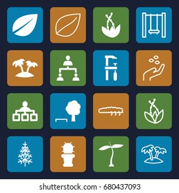 Tree icons set. set of 16 tree filled and outline icons such as plant, leaf, structure, chainsaw, cactus, palm, hand with seeds, caterpillar