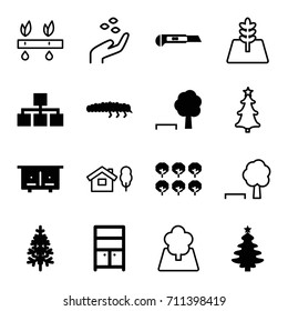 Tree icons set. set of 16 tree filled and outline icons such as beehouse, wardrobe, cutter, caterpillar, hand with seeds, plant