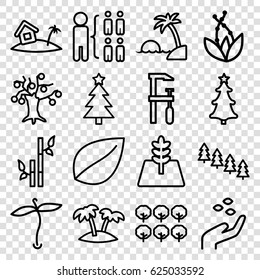 Tree icons set. set of 16 tree outline icons such as plant, hand with seeds, leaf, bamboo, structure, chainsaw, palm, home on island