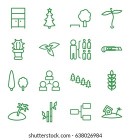 Tree icons set. set of 16 tree outline icons such as plant, bamboo, wardrobe, structure, cutter, cactus, home on island