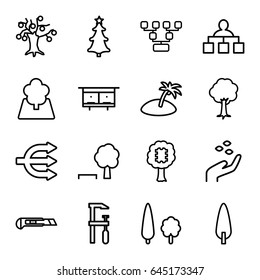 Tree icons set. set of 16 tree outline icons such as beehouse, hand with seeds, structure, chainsaw, cutter, island