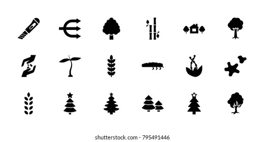 Tree icons. set of 18 editable filled tree icons: plant, caterpillar, structure, cookie, hand with seeds, bamboo
