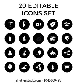 Tree icons. set of 20 editable filled tree icons such as plant, beehouse, leaf, structure, palm, island. best quality tree elements in trendy style.
