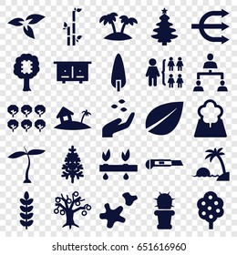 Tree icons set. set of 25 tree filled icons such as plant, beehouse, hand with seeds, leaf, bamboo, structure, cutter, cactus, cookie, palm, home on island