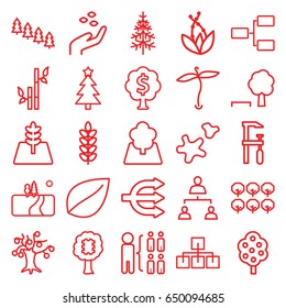 Tree icons set. set of 25 tree outline icons such as plant, hand with seeds, leaf, bamboo, structure, chainsaw, cookie