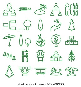 Tree icons set. set of 25 tree outline icons such as plant, beehouse, hand with seeds, structure, chainsaw, cutter, cactus, palm, home on island, island