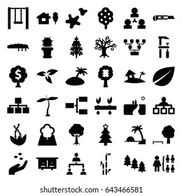 Tree icons set. set of 36 tree filled icons such as plant, beehouse, hand with seeds, leaf, bamboo, structure, chainsaw, cutter, caterpillar, cactus, cookie, swing