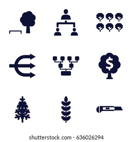 Tree icons set. set of 9 tree filled icons such as cutter, structure, family structure
