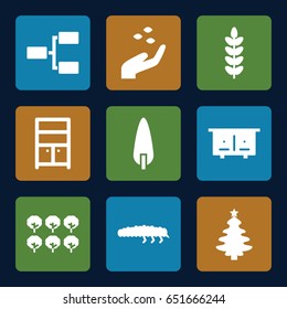 Tree icons set. set of 9 tree filled icons such as beehouse, hand with seeds, wardrobe, caterpillar, structure