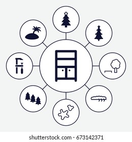 Tree icons set. set of 9 tree filled and outline icons such as wardrobe, chainsaw, island, caterpillar