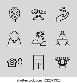Tree icons set. set of 9 tree outline icons such as hand with seeds, wardrobe, structure, palm, island
