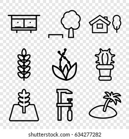 Tree icons set. set of 9 tree outline icons such as beehouse, chainsaw, cactus, island