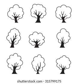 Tree icons set, black isolated on white background, vector illustration.