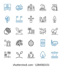 tree icons set. Collection of tree with beach, drought, plant, snorkel, fertilizer, chestnut, viburnum, cabin, garlands, sprout, acorn, smore. Editable and scalable tree icons.