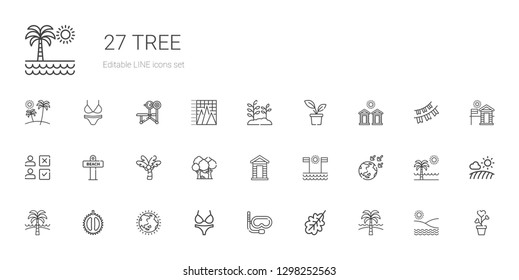 tree icons set. Collection of tree with beach, oak leaf, snorkel, bikini, ozone layer, chestnut, global warming, cabin, forest, palm tree, choice. Editable and scalable icons.