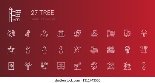 tree icons set. Collection of tree with beach, global warming, palm tree, seeds, bench, branch, plant, cactus, scarecrow, cabin, field, wooden. Editable and scalable icons.