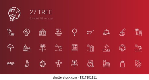 tree icons set. Collection of tree with beach, global warming, growth, chestnut, olive oil, plant, field, cabin, palm tree, christmas wheelbarrow. Editable and scalable icons.