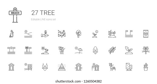 tree icons set. Collection of tree with birch, cabin, pyramid chart, bikini, beach, branch, drought, palm tree, plant, sprout, cactus, fertilizer. Editable and scalable tree icons.