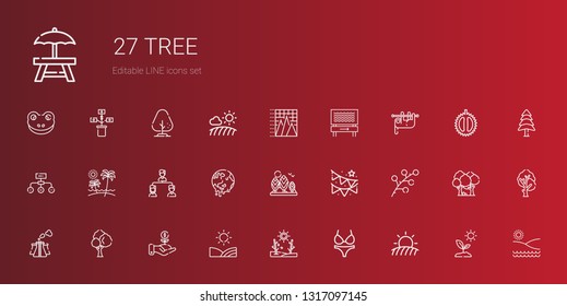 tree icons set. Collection of tree with field, bikini, drought, investment, pollution, branch, garland, global warming, structure, beach, hierarchical structure. Editable and scalable tree icons.
