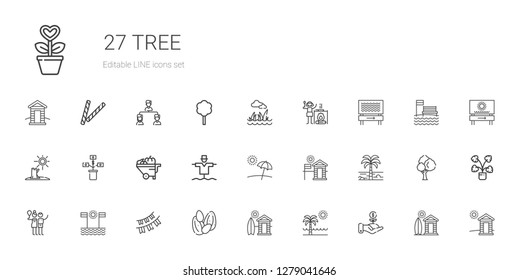 tree icons set. Collection of tree with investment, beach, cabin, seeds, garlands, birch, palm tree, scarecrow, wheelbarrow, growth, drought. Editable and scalable tree icons.