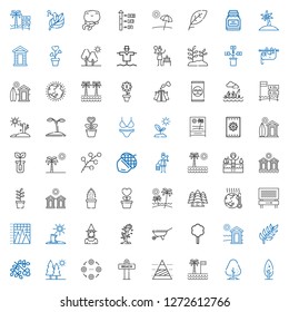 tree icons set. Collection of tree with palm tree, pyramid chart, beach, structure, trees, viburnum, branch, cabin, wheelbarrow, witch, drought. Editable and scalable tree icons.