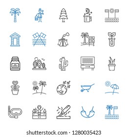 tree icons set. Collection of tree with palm tree, hammock, wood, lake, snorkel, beach, wheelbarrow, global warming, plant, cactus, conserve. Editable and scalable tree icons.