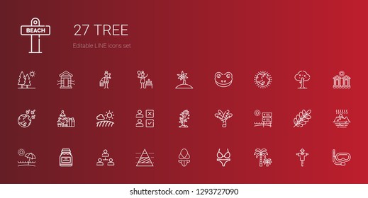 tree icons set. Collection of tree with palm tree, bikini, pyramid chart, hierarchical structure, conserve, beach, choice, field, christmas tree. Editable and scalable icons.