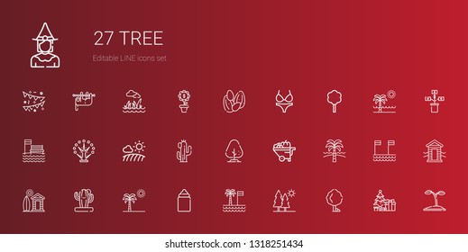 tree icons set. Collection of tree with trees, palm tree, feeder, cactus, cabin, beach, wheelbarrow, field, bikini, seeds, seed, christmas tree. Editable and scalable icons.