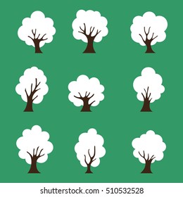 Tree icons set, isolated on green background, vector illustration.