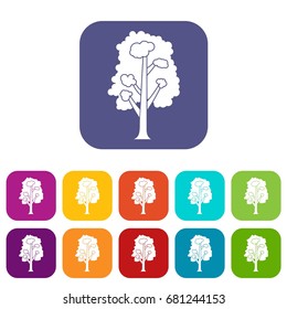 Tree icons set vector illustration in flat style in colors red, blue, green, and other