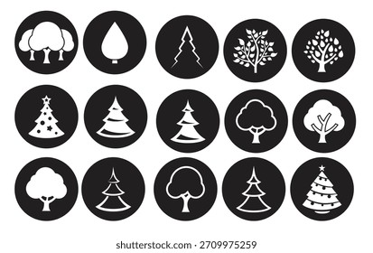 Iconos del árbol fijan los símbolos blancos del Vector en un fondo negro