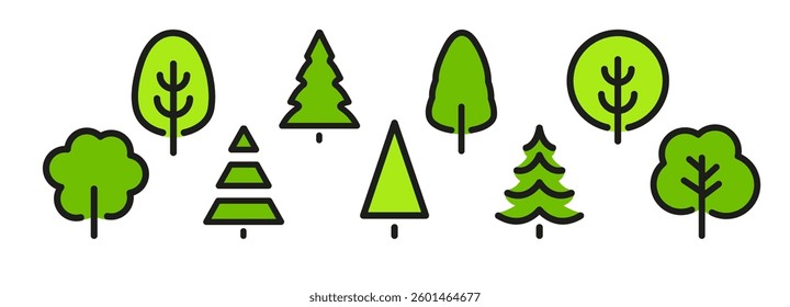 Tree icons, simple geometric trees, simple outlines forest for eco design, environmental projects, parks, nature-related branding. Clean and minimalist design. Vector illustration.