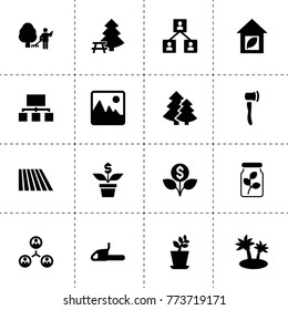 Tree icons. vector collection filled tree icons. includes symbols such as field, plant, money flower, structure, garden cleaner, chainsaw. use for web, mobile and ui design.