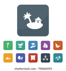 Tree icons. vector collection filled tree icons such as sprouting, leaf in hand, hive, structure, leaf, garden cleaner, chainsaw, bungalow, palm, tree