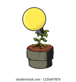 tree of idea with lamp or light bulb and green leaves root on dirt illustration hand drawing 