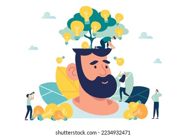 tree idea light bulb grows from the head. fruits of the tree of ideas in the head of man. work brainstorming teamwork. team collects light bulbs idea development progress. creative vector illustration