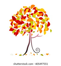 Tree Illustration - Abstract Vector Autumn Tree with Falling Leaves Isolated on White Background