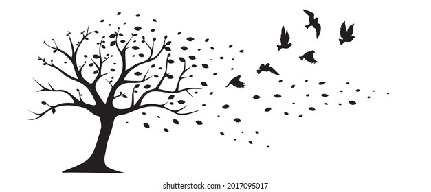 Ilustración arbórea en otoño con hojas caídas del viento y siluetas de aves voladoras aisladas en fondo blanco, vector. Decretos murales, arte mural, obras de arte. Diseño de arte natural. Arte blanco y negro. 