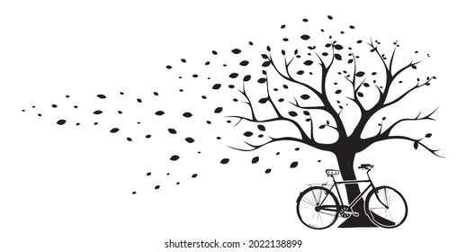 Tree illustration in autumn with falling leaves from wind and vintage bicycle isolated on white background, vector. Wall decals, wall art, artwork. Natural art design. Black and white art. 