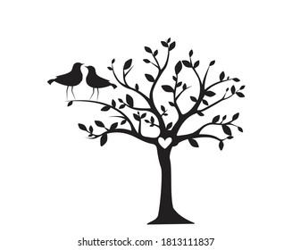 Tree illustration and birds couple silhouettes, vector. Birds on tree, illustration. Tree silhouette isolated on white background. Wall decals, romantic wall art, artwork, poster design