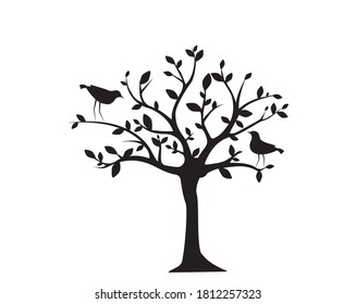 Tree illustration and birds silhouettes, vector. Two birds on tree, illustration. Tree silhouette isolated on white background. Wall decals, wall art, artwork, poster design, metal art