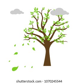 Tree illustration with falling leaves and clouds in the sky