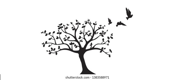 Tree illustration and flying birds silhouette isolated on white background, vector illustration. Black and white minimalist drawing art design