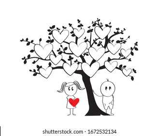 Tree illustration with frame in shape of a heart and kids cartoon silhouettes, vector. Wall art, artwork, wall decals.  