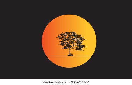 Tree illustration logo design at sunset