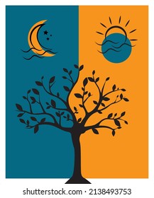 Tree illustration at night and day, vector. Tree silhouette one half on daylight and other half at night. Artistic poster design.